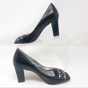 TAHARI | Black Open Toe Heels w/ Chain Accent 6.5